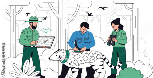 Wildlife researchers tracking endangered animal in forest flat vector illustration for conservation and environmental study
