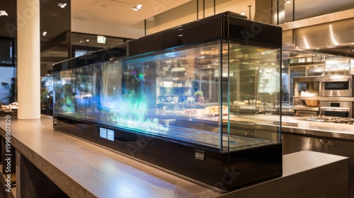 Modern Frameless Window in a Sleek Kitchen Reflecting Vibrant Lighting and Elegant Interior Design