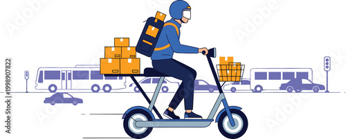 Courier delivering packages on electric scooter flat vector illustration for fast shipping and urban delivery service