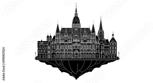 Floating Gothic Castle Silhouette on Isolated White Background