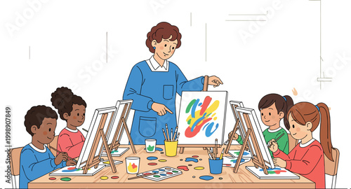Teacher teaching children painting in art class flat vector illustration for creativity and education