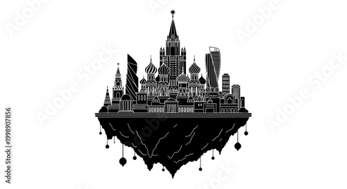 Floating Moscow City Silhouette with Landmarks ? Surreal Urban Concept