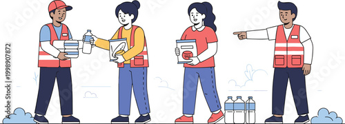 Volunteers distributing food and water supplies flat vector illustration for charity and humanitarian support