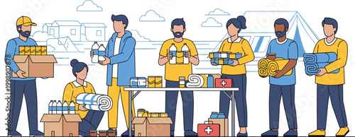 Volunteers organizing relief supplies and emergency aid flat vector illustration for charity and disaster support