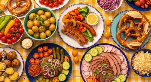 German food flat lay with roasted sausages potatoes pretzels and sauerkraut on yellow checkered cloth.