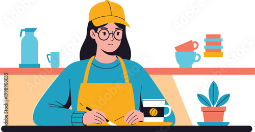 Female barista working in coffee shop counter flat vector illustration for cafe service and hospitality business