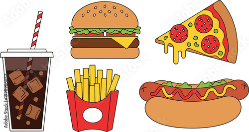 Set of fast food items including burger pizza fries soda and hot dog flat vector illustration