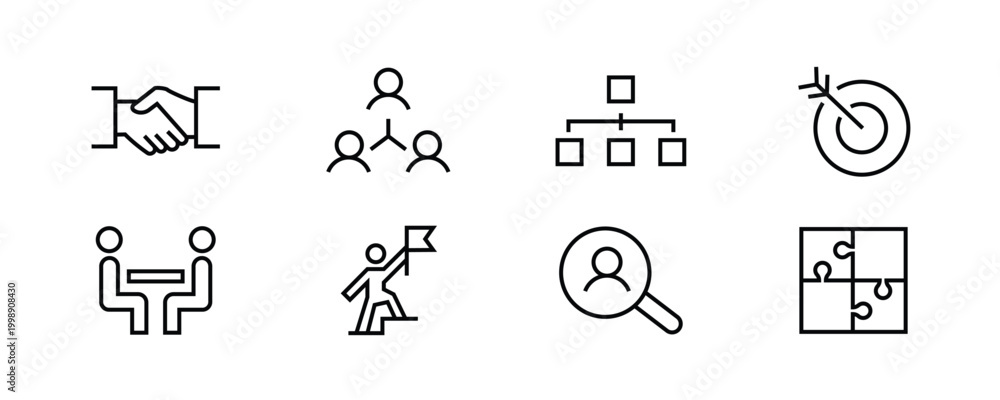 Fototapeta premium Team Work Icons.Collaboration, Research, Meeting business, working, management Business people, human resources, Employees icon vector symbol logo illustration line editable stroke isolated on white