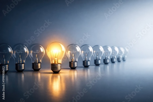 A single glowing light bulb standing out among a row of unlit glass incandescent bulbs against a dark blue background, representing a bright new idea