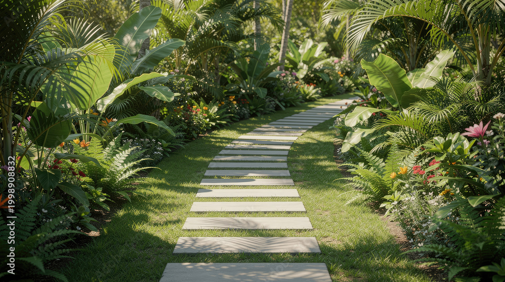 A stone slab pathway winding through a dense tropical jungle garden with lush green ferns, large palm leaves, and colorful flowers in the sunlight