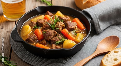 Hearty beef stew with potatoes and carrots, garnished with fresh rosemary in cast iron pot.