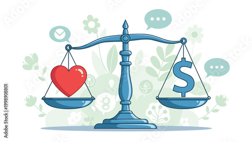 Traditional scale balances a red heart and a blue dollar sign in front of a soft botanical background for life and financial harmony.