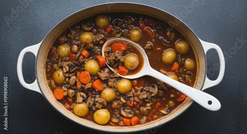 Hearty mushroom and potato stew with carrots in white dutch oven, ready to serve.