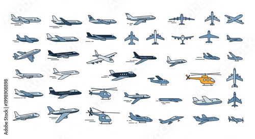 Collection of various aircraft and helicopters in different styles.