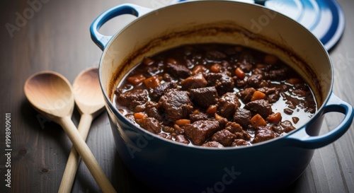 Rich beef stew in blue dutch oven with wooden spoons on dark wood table for cozy winter meal.