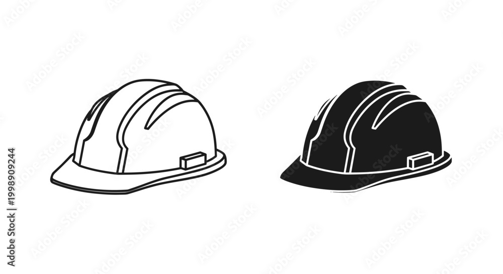 Fototapeta premium Construction hard hat vector icons, industrial safety helmet line art and solid silhouette, protective headgear for building site workers