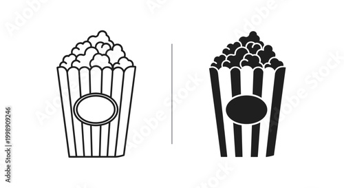 Popcorn vector icons in outline and silhouette styles, striped movie theater snack bucket, cinema food entertainment symbols for graphic design
