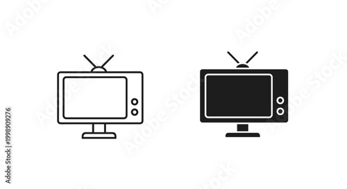 Retro television icon set in outline and glyph styles, vintage analog TV symbols with antennas, classic broadcast media vector illustrations