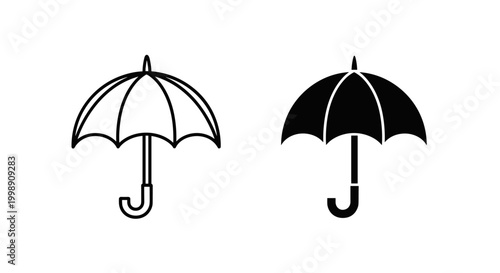 Minimalist umbrella icon set, black outline and solid silhouette weather symbols, simple rain protection vector graphics for web design