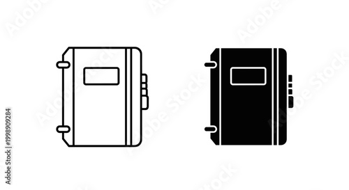 Minimalist notebook icon set, black and white diary vector symbols, locked journal illustrations for personal privacy and creative writing apps