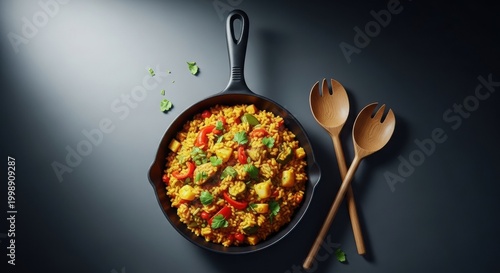 Top view of yellow vegetable rice dish in black cast iron pan served with wooden serving spoons set.