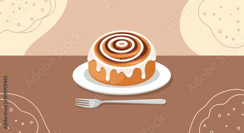 Delicious Cinnamon Roll with Icing on Plate, Ready to Eat with Fork