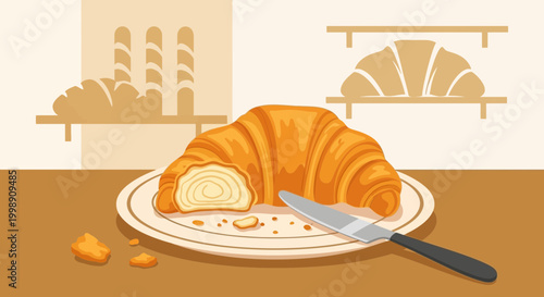Delicious Croissant Cut Open on Plate with Knife, Bakery Background