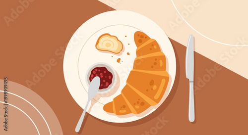Delicious Croissant with Jam and Buttered Bread for Breakfast