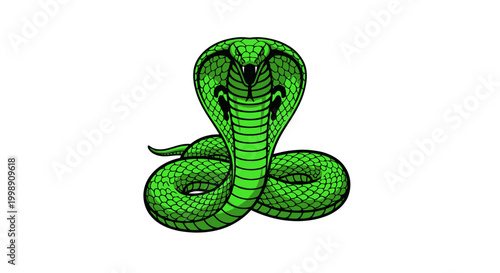 Vibrant Green Cobra Snake Illustration, Hooded Reptile, Danger Symbol