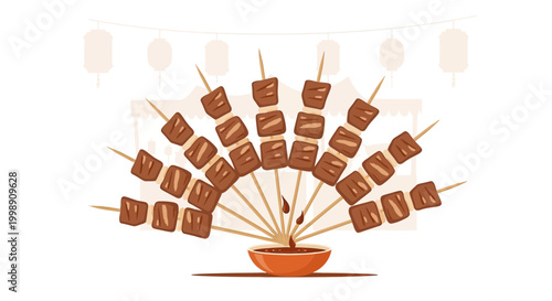 Delicious Grilled Beef Skewers Fan Arrangement with Dipping Sauce and Lanterns