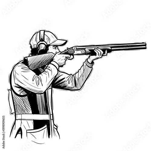 Clay Shooting Sportsman Aiming Shotgun, Action Silhouette, Professional Sport Illustration