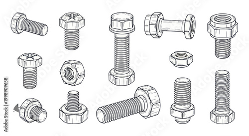 Collection of Hand-Drawn Bolts and Nuts, Industrial Fasteners, Technical Drawing