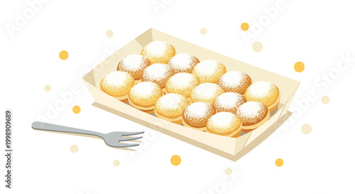 Delicious Mini Pancakes with Powdered Sugar in a Box, Served with a Fork