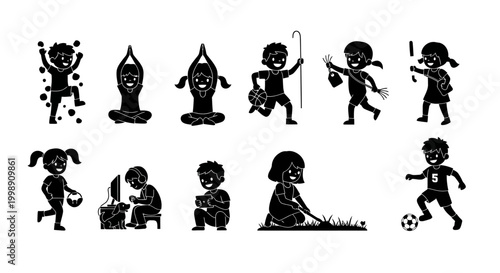 Set of Black Silhouette Icons of Children Engaging in Various Activities