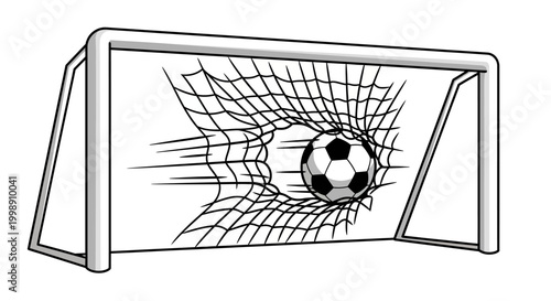 Soccer ball in goal net hole.