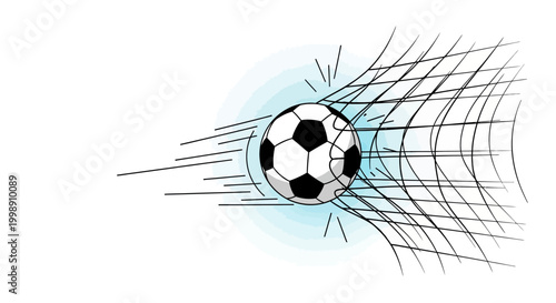 Soccer ball flying into goal net.