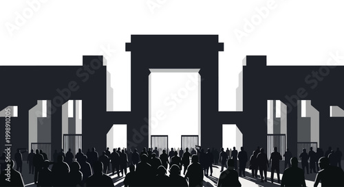 Silhouette of people in front archway.