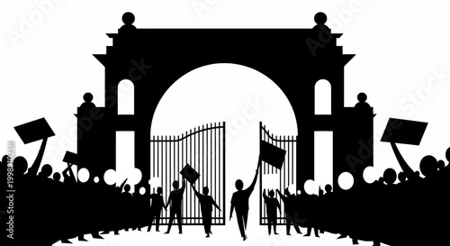 People protesting with signs and flags.