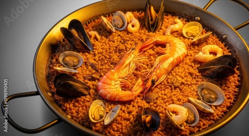 Golden seafood paella featuring large prawns and baby clams in traditional pan under warm lighting.