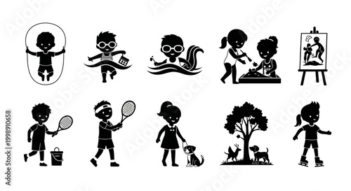 Children Activities Silhouettes Set Kids Sports and Hobbies Icons