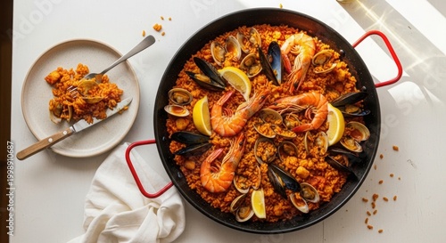 Authentic seafood paella with clams mussels and shrimp served in large traditional pan.