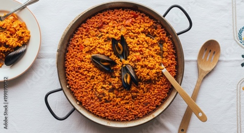 Classic spanish arroz a banda rice dish with mussels and rich tomato base served in pan.