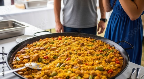 Large pan of fresh paella with vegetables and meat served for catering event outdoor banquet setting.