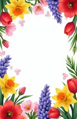 Colorful floral border with tulips daffodils hyacinths and poppies. Spring blossoms and green leaves on white background. Delicate butterflies fly around.
