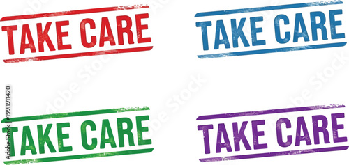 Grunge Take Care rubber stamp set, vintage textured ink seals, red blue green purple vectors