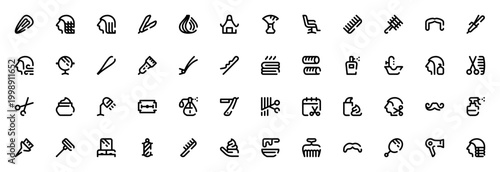 Hairdressing and Barber shop icon set. Vector illustrations including hair dryer, scissors, razor, comb, mirror, chair, and more for salon and barber themes.