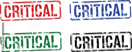 Grunge critical rubber stamp set, distressed office ink stamps, 4 vector icons collection