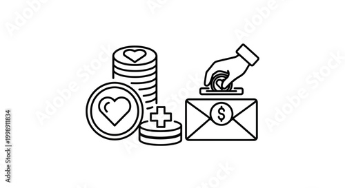Donation concept: Hand putting coin into envelope with dollar sign, coins with heart and cross