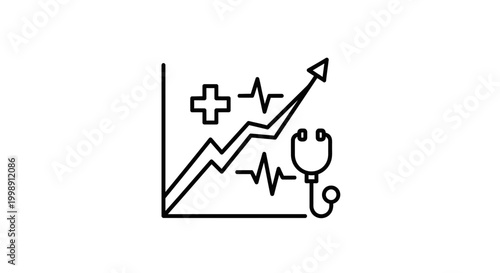 Healthcare growth chart with stethoscope, medical cross, and heartbeat line