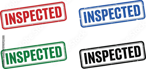 Inspected rubber stamp set, grunge quality control icons, colorful verification vectors